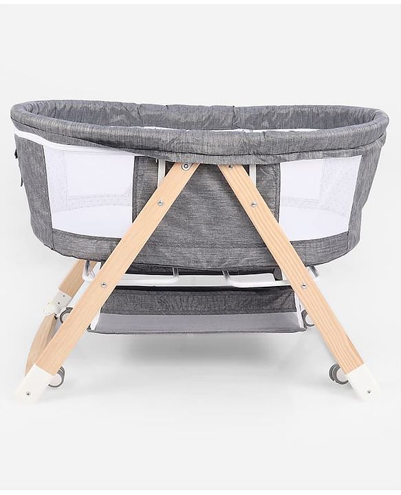 Babyhug Foldable Bassinet | Spacious & Comfortable Design| Breathable Mesh Sides for Ventellation | Sturdy & Stable Frame| Baby-Friendly Sleeping Space | Wheels with Lock - Grey