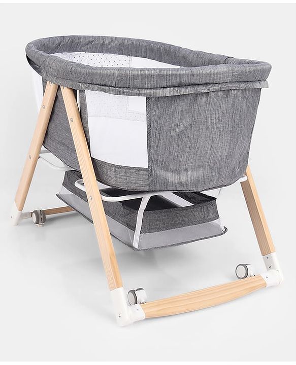 Babyhug Foldable Bassinet | Spacious & Comfortable Design| Breathable Mesh Sides for Ventellation | Sturdy & Stable Frame| Baby-Friendly Sleeping Space | Wheels with Lock - Grey