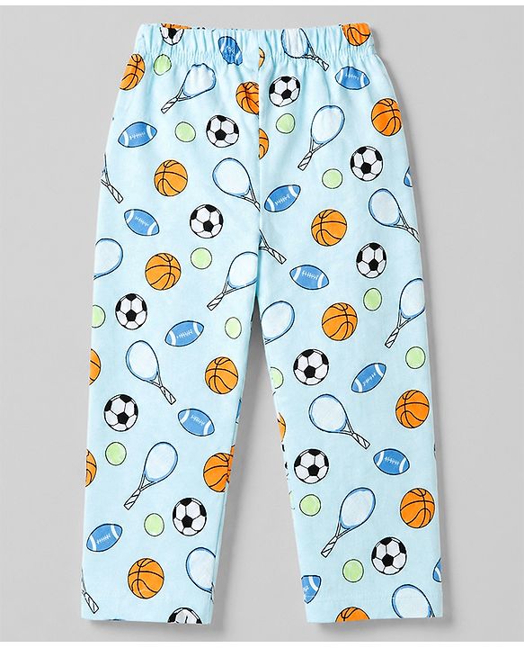 Babyhug 100% Cotton Knit Full Sleeves Co-Ords Shirt & Pyjama Night Suit with Sports Print - Sky Blue