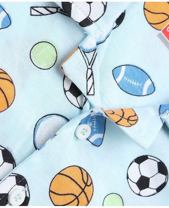 Babyhug 100% Cotton Knit Full Sleeves Co-Ords Shirt & Pyjama Night Suit with Sports Print - Sky Blue