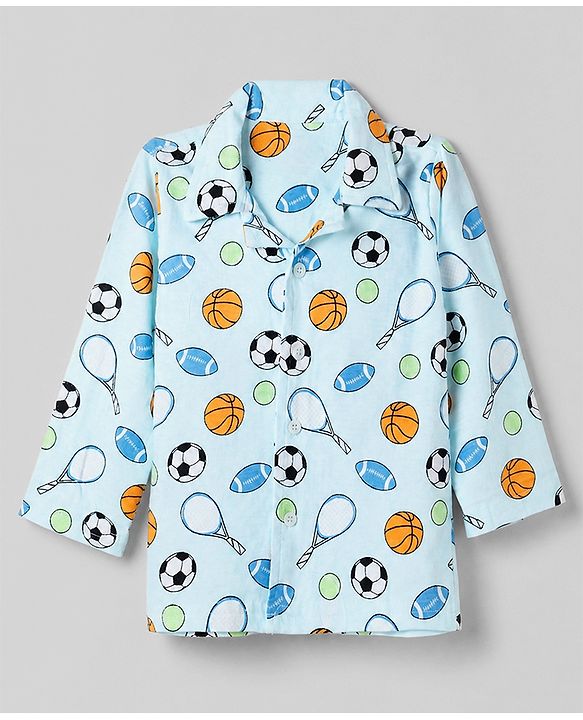 Babyhug 100% Cotton Knit Full Sleeves Co-Ords Shirt & Pyjama Night Suit with Sports Print - Sky Blue