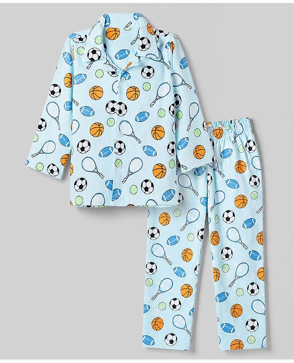 Babyhug 100% Cotton Knit Full Sleeves Co-Ords Shirt & Pyjama Night Suit with Sports Print - Sky Blue