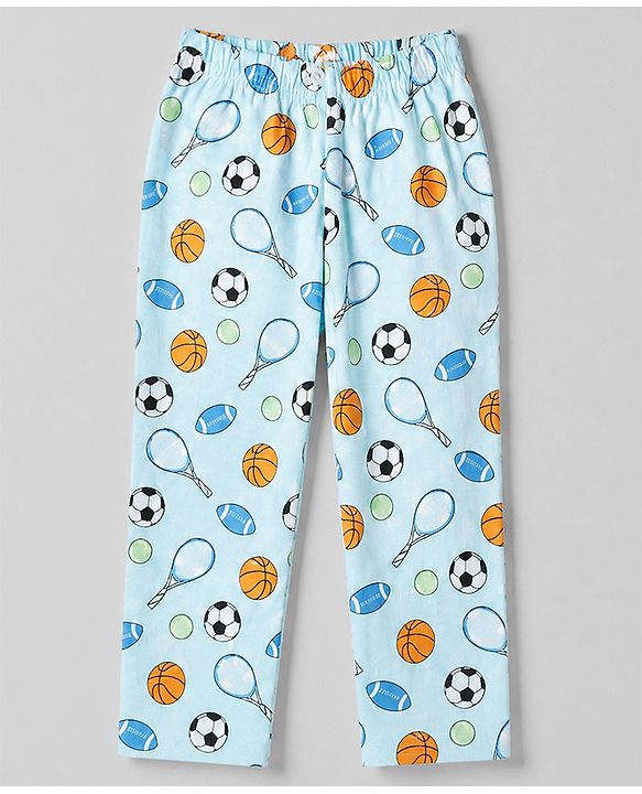 Babyhug 100% Cotton Knit Full Sleeves Co-Ords Shirt & Pyjama Night Suit with Sports Print - Sky Blue