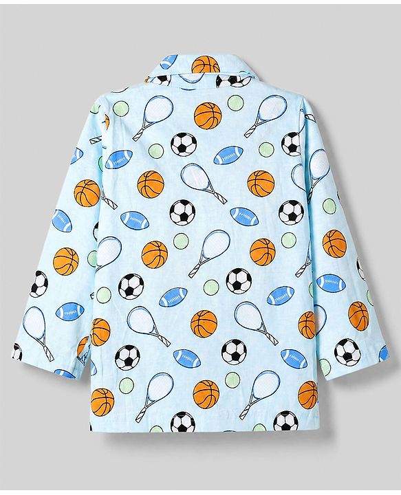 Babyhug 100% Cotton Knit Full Sleeves Co-Ords Shirt & Pyjama Night Suit with Sports Print - Sky Blue