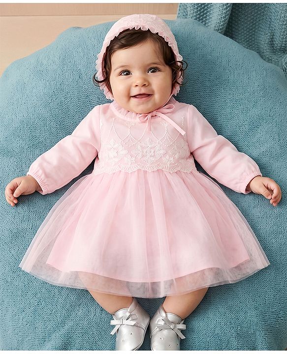 Babyhug Mesh Woven Full Sleeves Fit & Flare Embroidered Party Dress With Cap - Light Pink