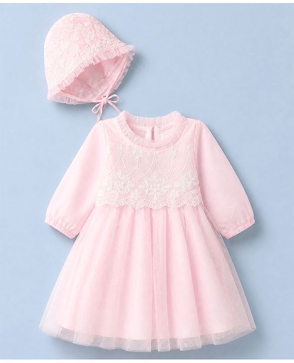 Babyhug Mesh Woven Full Sleeves Fit & Flare Embroidered Party Dress With Cap - Light Pink