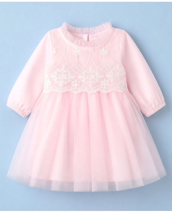 Babyhug Mesh Woven Full Sleeves Fit & Flare Embroidered Party Dress With Cap - Light Pink