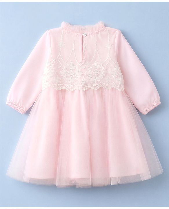 Babyhug Mesh Woven Full Sleeves Fit & Flare Embroidered Party Dress With Cap - Light Pink