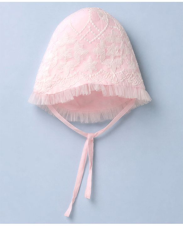 Babyhug Mesh Woven Full Sleeves Fit & Flare Embroidered Party Dress With Cap - Light Pink