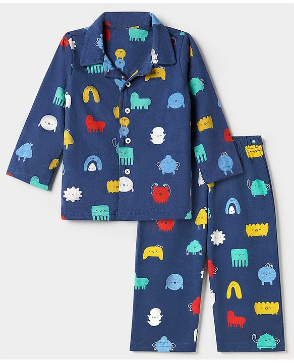 Babyhug 100% Cotton Knit Full Sleeves Co-Ords Shirt & Pyjama Night Suit with Animal Print - Navy Blue