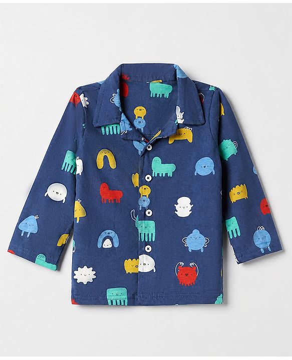 Babyhug 100% Cotton Knit Full Sleeves Co-Ords Shirt & Pyjama Night Suit with Animal Print - Navy Blue