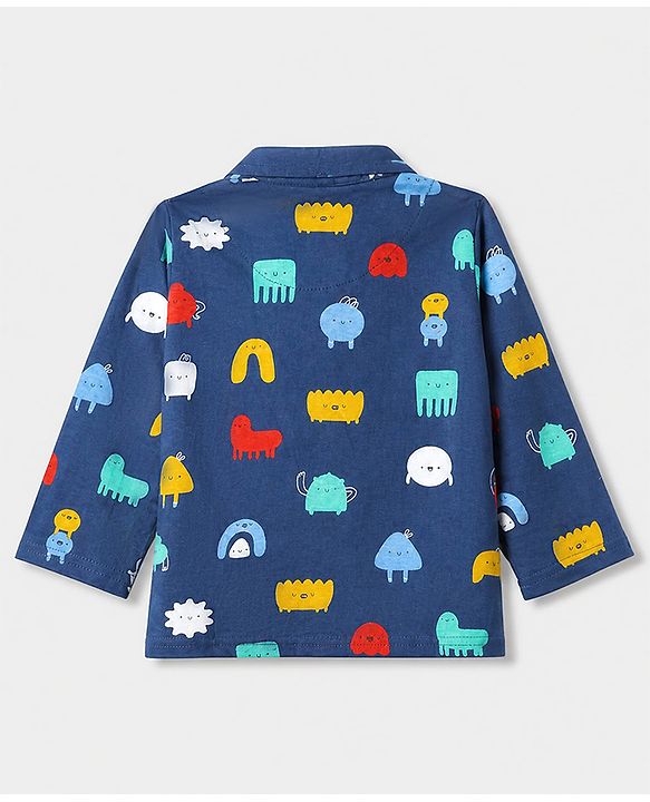 Babyhug 100% Cotton Knit Full Sleeves Co-Ords Shirt & Pyjama Night Suit with Animal Print - Navy Blue