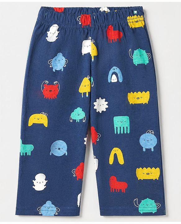 Babyhug 100% Cotton Knit Full Sleeves Co-Ords Shirt & Pyjama Night Suit with Animal Print - Navy Blue