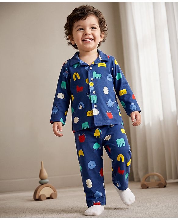 Babyhug 100% Cotton Knit Full Sleeves Co-Ords Shirt & Pyjama Night Suit with Animal Print - Navy Blue