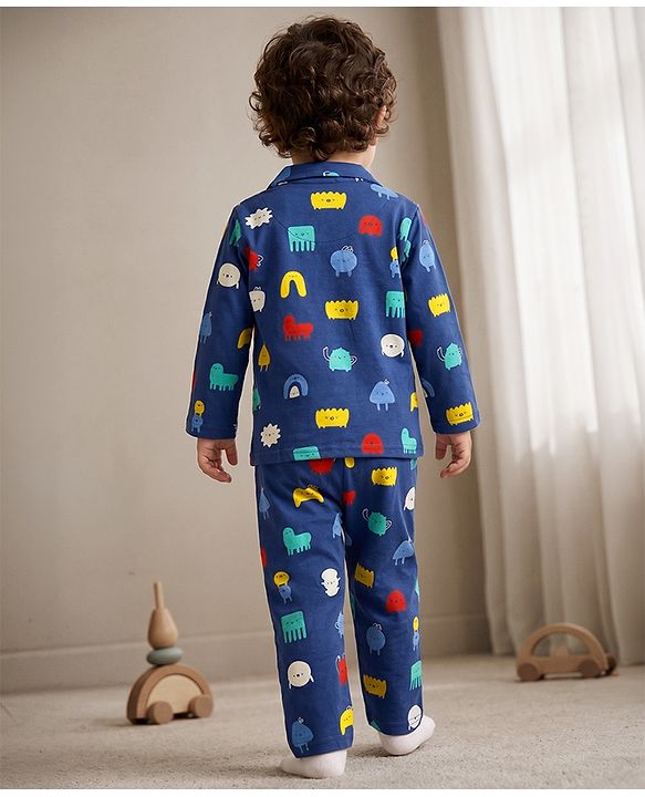 Babyhug 100% Cotton Knit Full Sleeves Co-Ords Shirt & Pyjama Night Suit with Animal Print - Navy Blue
