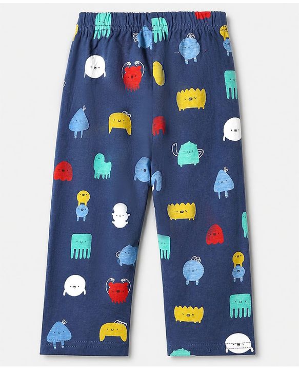 Babyhug 100% Cotton Knit Full Sleeves Co-Ords Shirt & Pyjama Night Suit with Animal Print - Navy Blue