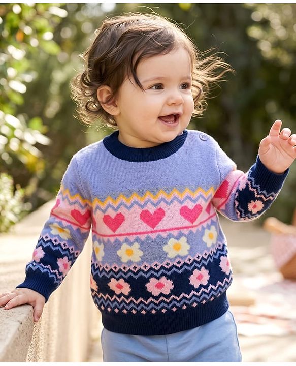 Babyhug Knit Full Sleeves Pullovers with Heart & Flower Design - Navy Blue