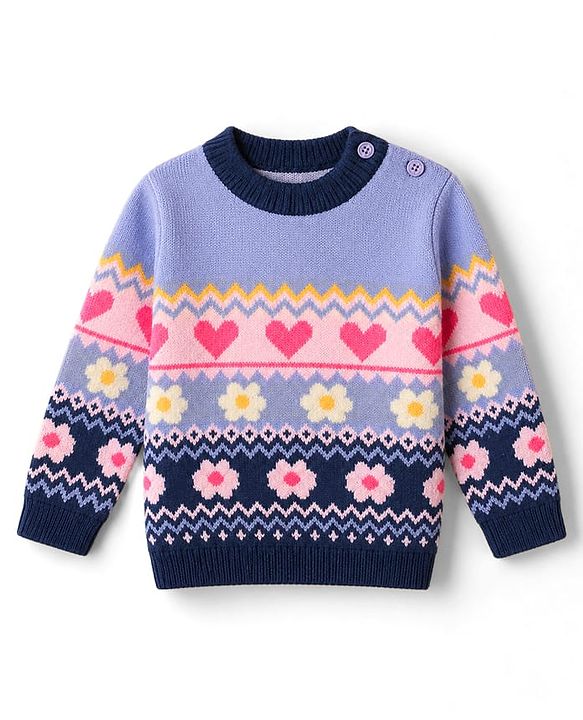 Babyhug Knit Full Sleeves Pullovers with Heart & Flower Design - Navy Blue