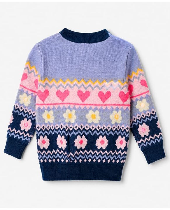 Babyhug Knit Full Sleeves Pullovers with Heart & Flower Design - Navy Blue