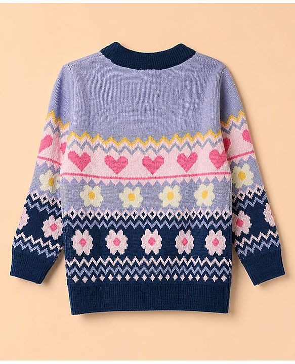 Babyhug Knit Full Sleeves Pullovers with Heart & Flower Design - Navy Blue