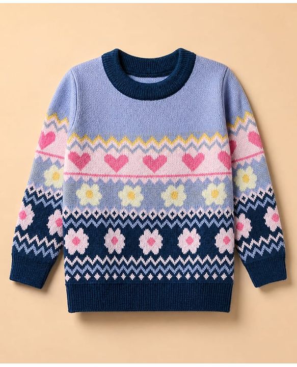 Babyhug Knit Full Sleeves Pullovers with Heart & Flower Design - Navy Blue