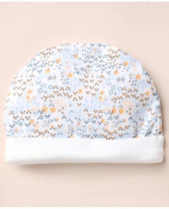 Babyhug 100% Cotton Interlock Knit Cap, Mitten & Booties with Bees, Bugs & Butterfly Print White - Diameter 15 cm