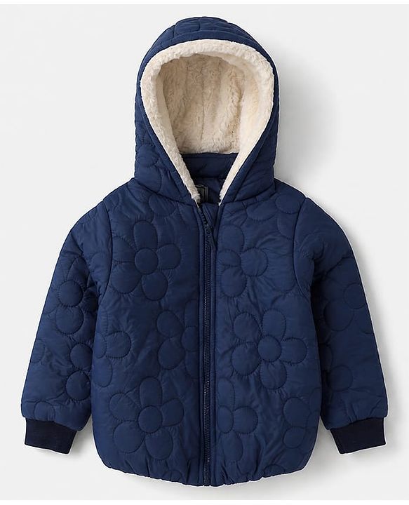 Babyhug Woven Full Sleeves Hooded Padded Winter Jacket - Navy Blue
