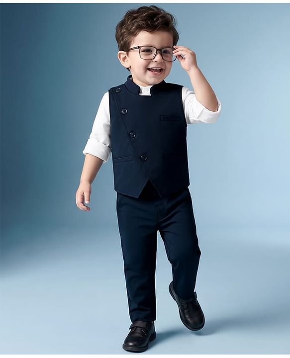 Babyhug Knit Full Sleeves 3 Piece Party Suit - Navy Blue