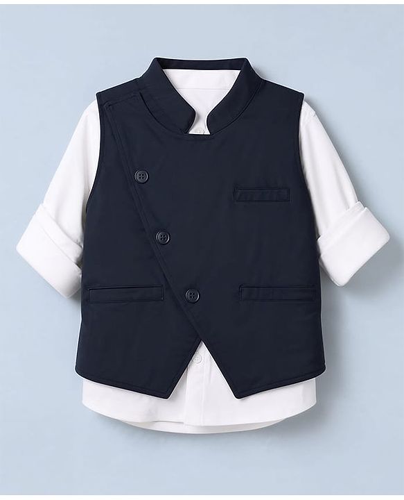 Babyhug Knit Full Sleeves 3 Piece Party Suit - Navy Blue