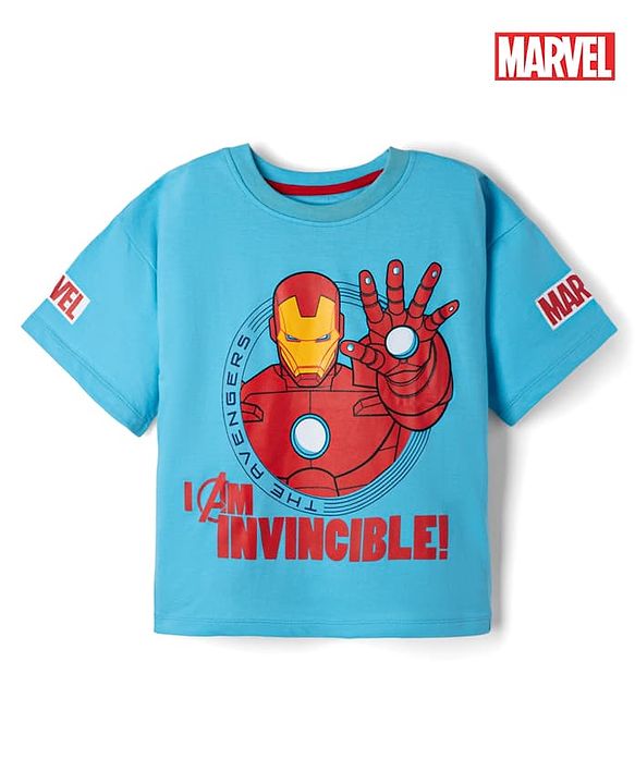 Pine Kids Marvel Cotton Single Jersey Knit T-Shirt with Half Sleeves and Avenger Graphics - Blue