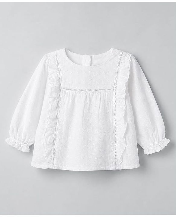 Babyhug 100% Cotton Woven Top with Full Sleeves & Floral Embroidery - White