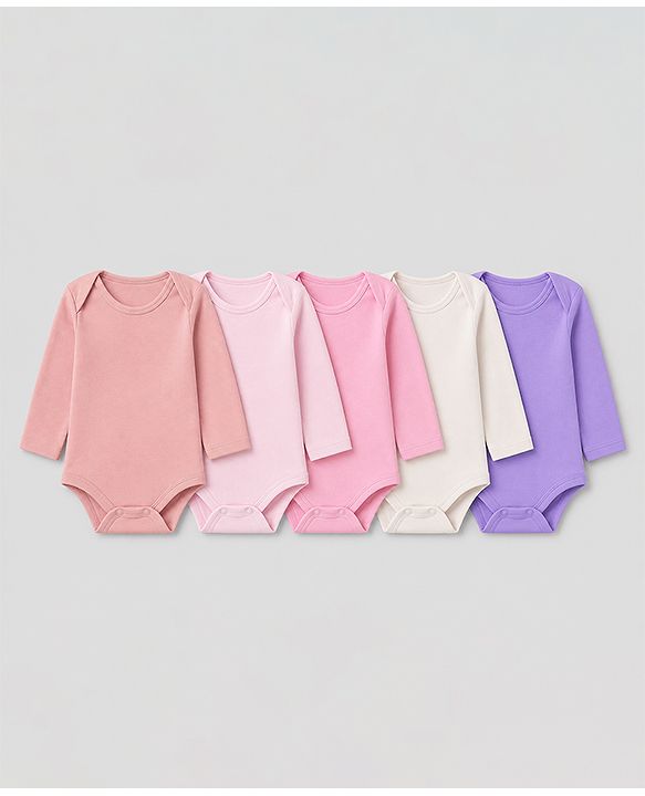 Babyhug 100% Cotton Interlock Knit Full Sleeves Solid Onesies Pack of 5 - Pink, Purple & Beige