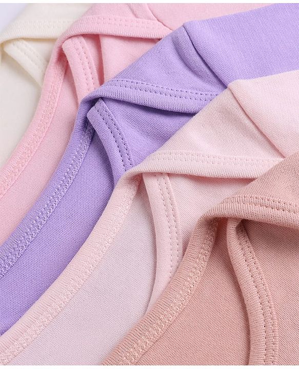 Babyhug 100% Cotton Interlock Knit Full Sleeves Solid Onesies Pack of 5 - Pink, Purple & Beige