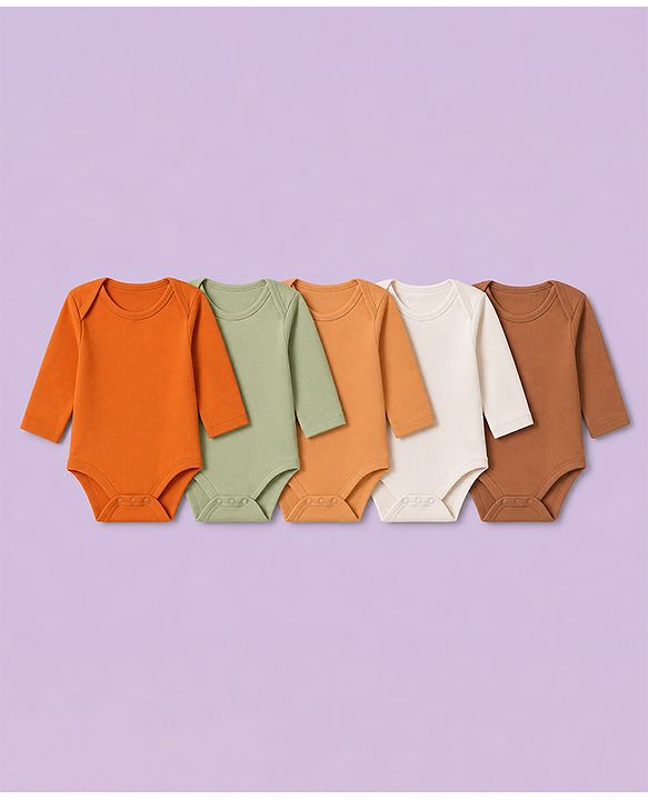 Babyhug 100% Cotton Knit Full Sleeves Solid Onesies Pack Of 5 - Light Green White & Orange