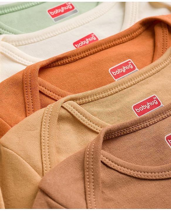 Babyhug 100% Cotton Knit Full Sleeves Solid Onesies Pack Of 5 - Light Green White & Orange