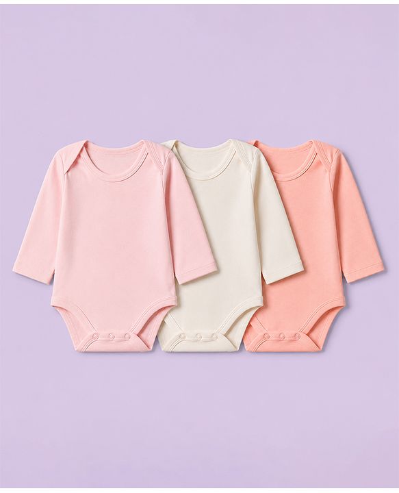 Babyhug 100% Cotton Interlock Knit Full Sleeves Onesies Pack of 3 - White, Pink & Peach