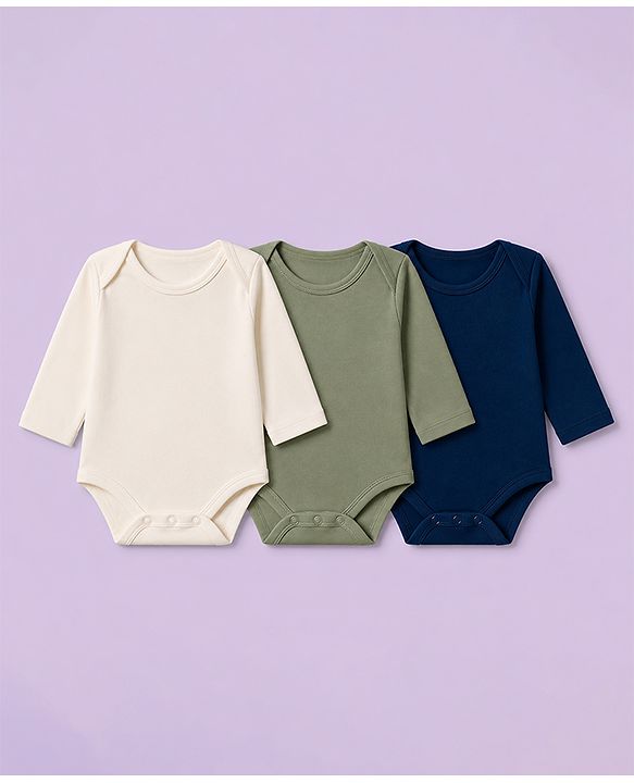 Babyhug 100% Cotton Interlock Knit Full Sleeves Onesies Pack of 3 - White, Green & Navy Blue