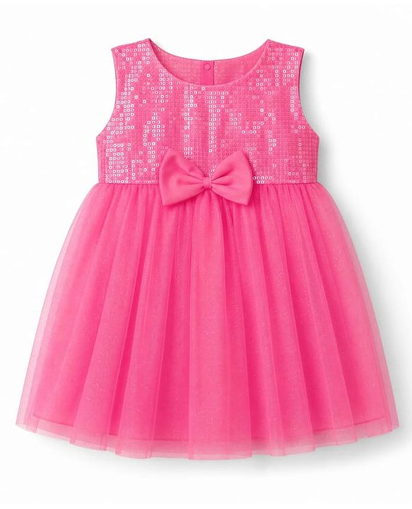 Babyhug Mesh Woven Sleeveless Sequinned Party Dress With Bow Applique - Pink