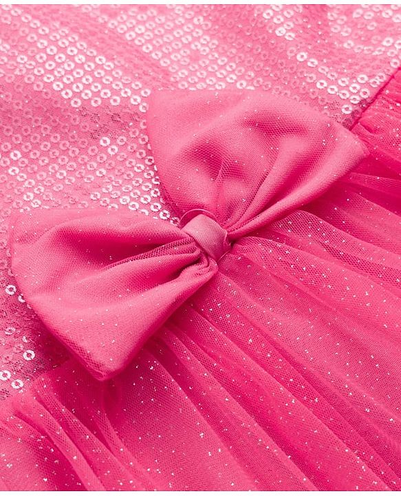 Babyhug Mesh Woven Sleeveless Sequinned Party Dress With Bow Applique - Pink