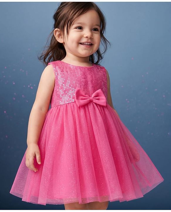 Babyhug Mesh Woven Sleeveless Sequinned Party Dress With Bow Applique - Pink