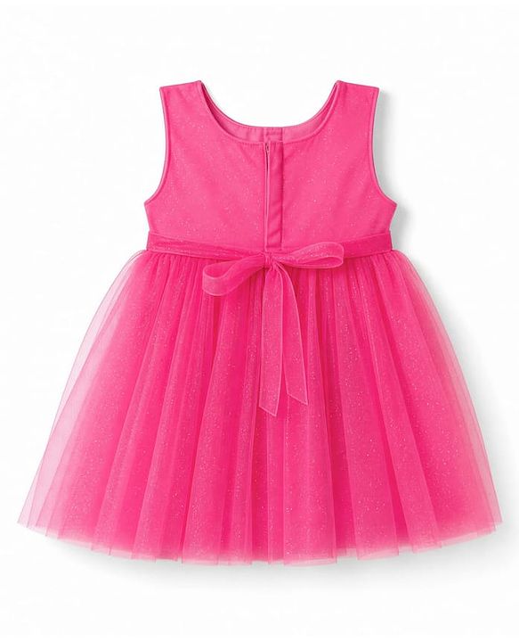 Babyhug Mesh Woven Sleeveless Sequinned Party Dress With Bow Applique - Pink