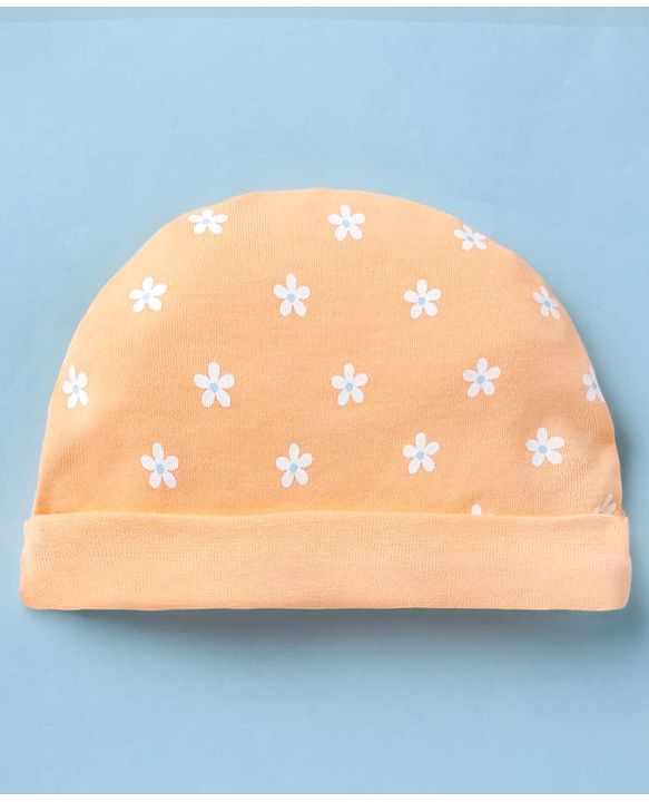 Babyhug 100% Cotton Interlock Knit Cap, Mitten & Booties with Floral Print Light Orange - Diameter 15 cm