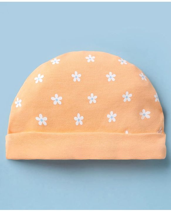 Babyhug 100% Cotton Interlock Knit Cap, Mitten & Booties with Floral Print Light Orange - Diameter 15 cm