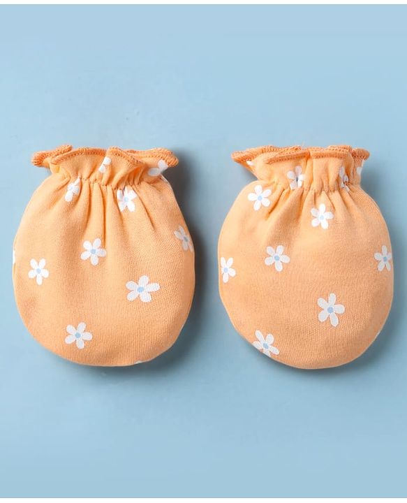 Babyhug 100% Cotton Interlock Knit Cap, Mitten & Booties with Floral Print Light Orange - Diameter 15 cm