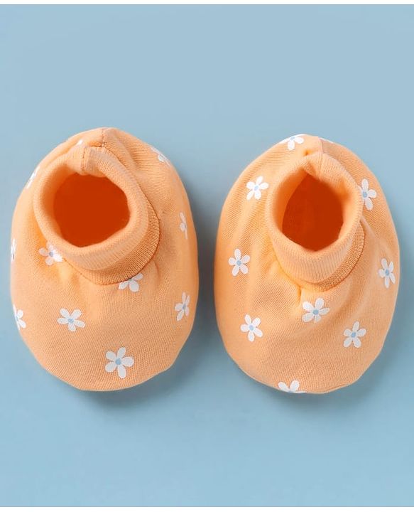 Babyhug 100% Cotton Interlock Knit Cap, Mitten & Booties with Floral Print Light Orange - Diameter 15 cm