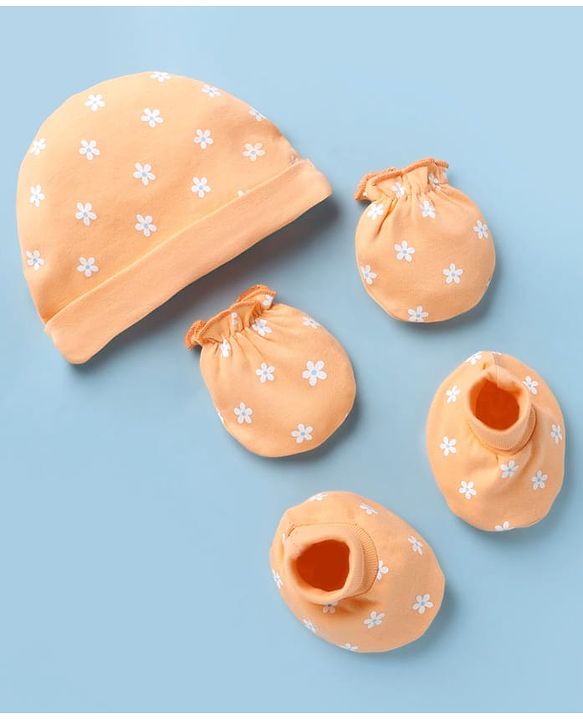 Babyhug 100% Cotton Interlock Knit Cap, Mitten & Booties with Floral Print Light Orange - Diameter 15 cm