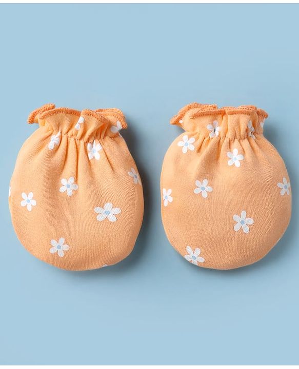 Babyhug 100% Cotton Interlock Knit Cap, Mitten & Booties with Floral Print Light Orange - Diameter 15 cm