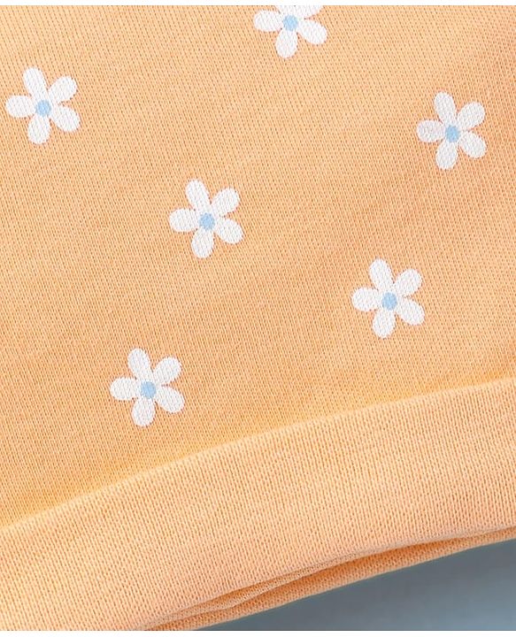 Babyhug 100% Cotton Interlock Knit Cap, Mitten & Booties with Floral Print Light Orange - Diameter 15 cm