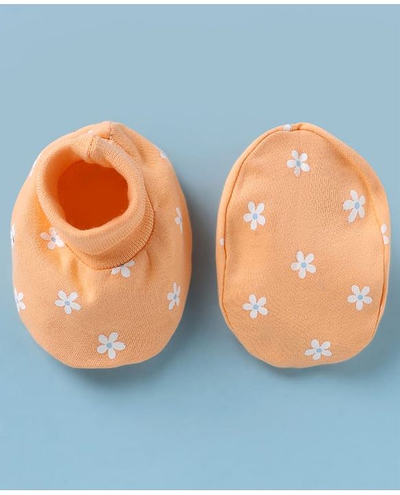 Babyhug 100% Cotton Interlock Knit Cap, Mitten & Booties with Floral Print Light Orange - Diameter 15 cm