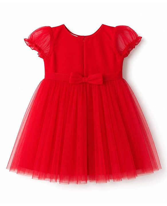 Babyhug Woven Solid Puffed Sleeves Party Dress Sequin Detailing with Bow - Red
